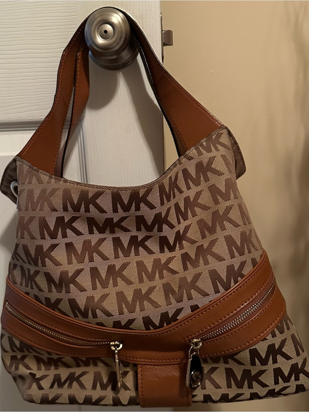 Michael Kors Beige and Brown MK Logo Hobo Bag with Cognac Trim